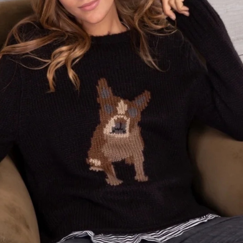 Wooden Ships Black Crewneck Sweater with Brown Dog Intarsia